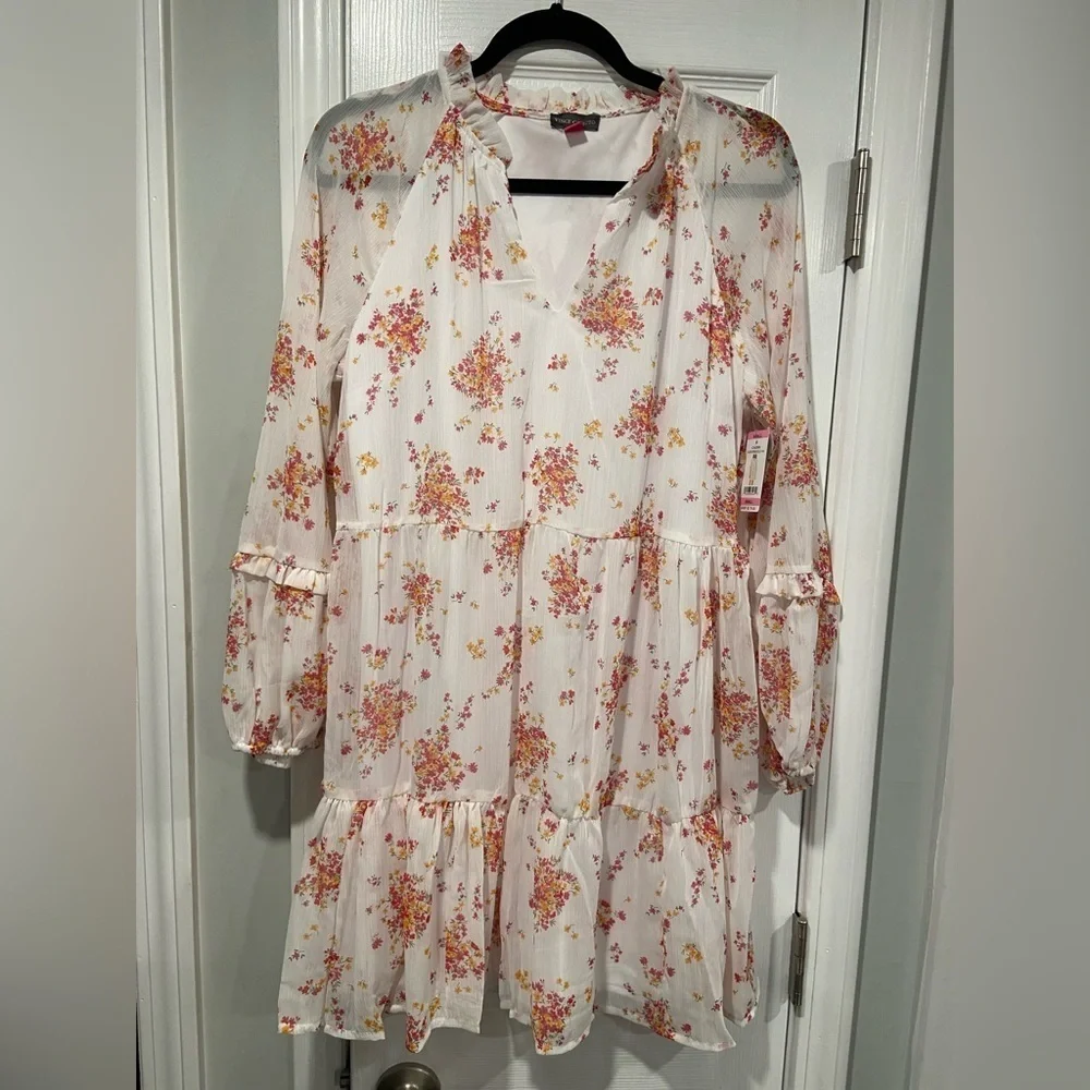NWT Vince Camuto Size S White Floral Ruffle Flowy Long Sleeve Sheer Mini Dress
